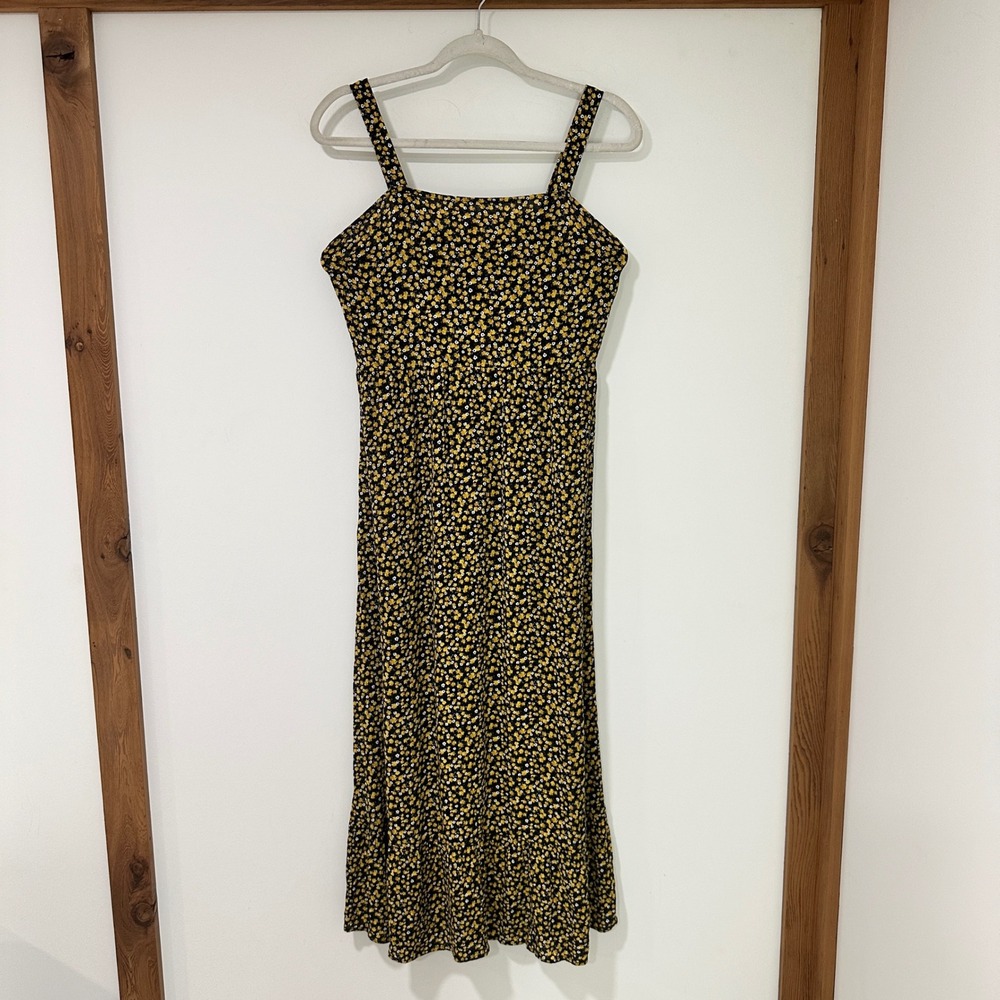 Ten Sixty Sherman Girls Floral Midi Dress XL Black Yellow Ditsy Rayon Tie Back